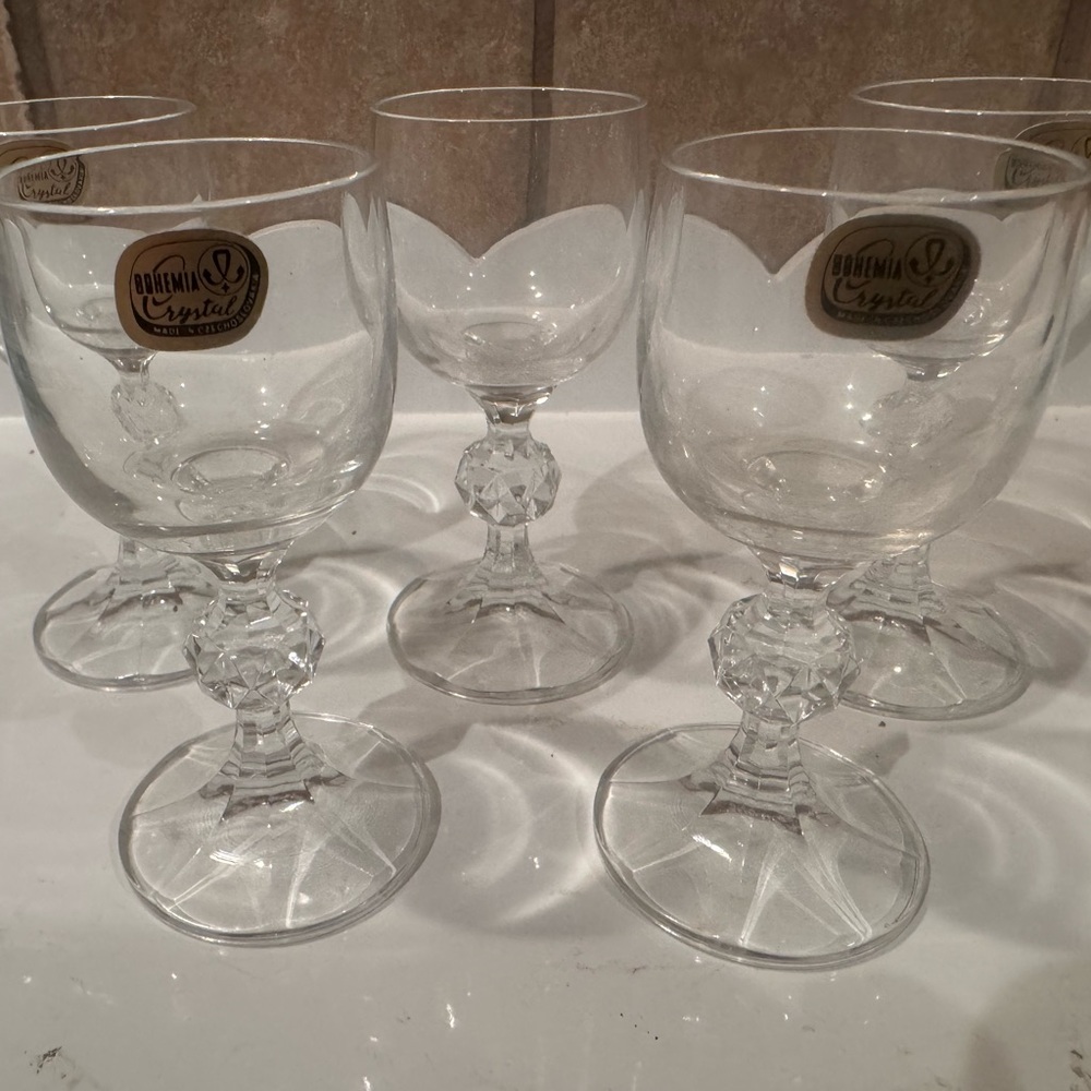 5 BOHEMIA CRYSTAL CLAUDIA CORDIAL GOBLETS GLASSES 4 1/4" TALL FACETED BALL STEMS